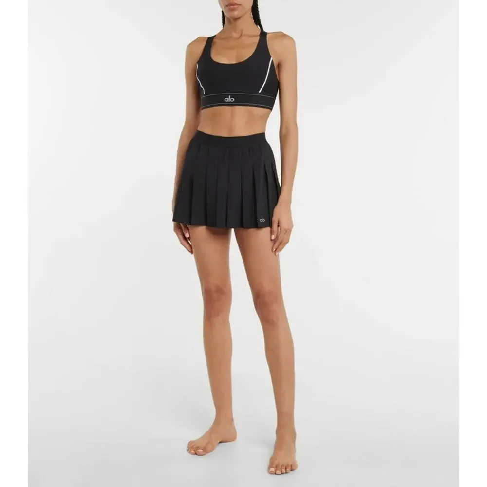 Alo Yoga Varsity Tennis Skirt Small Black Pleated Athletic Preppy Sporty Active